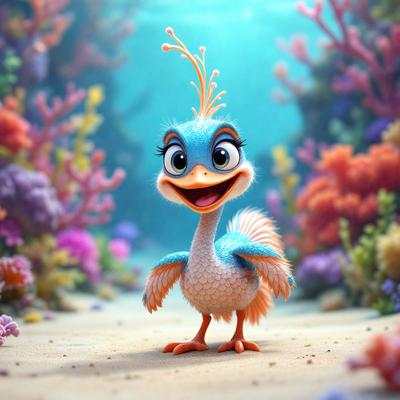 The primary subject of the image is a blue bird with a pink beak, standing on a sandy beach. The bird appears to be smiling and is surrounded by a vibrant and colorful underwater environment. The setting includes a variety of sea creatures, such as fish and coral, creating a lively and dynamic scene. The visual style of the image is a combination of photo and digital art, resulting in a unique and captivating illustration. The colors and mood of the image are predominantly bright